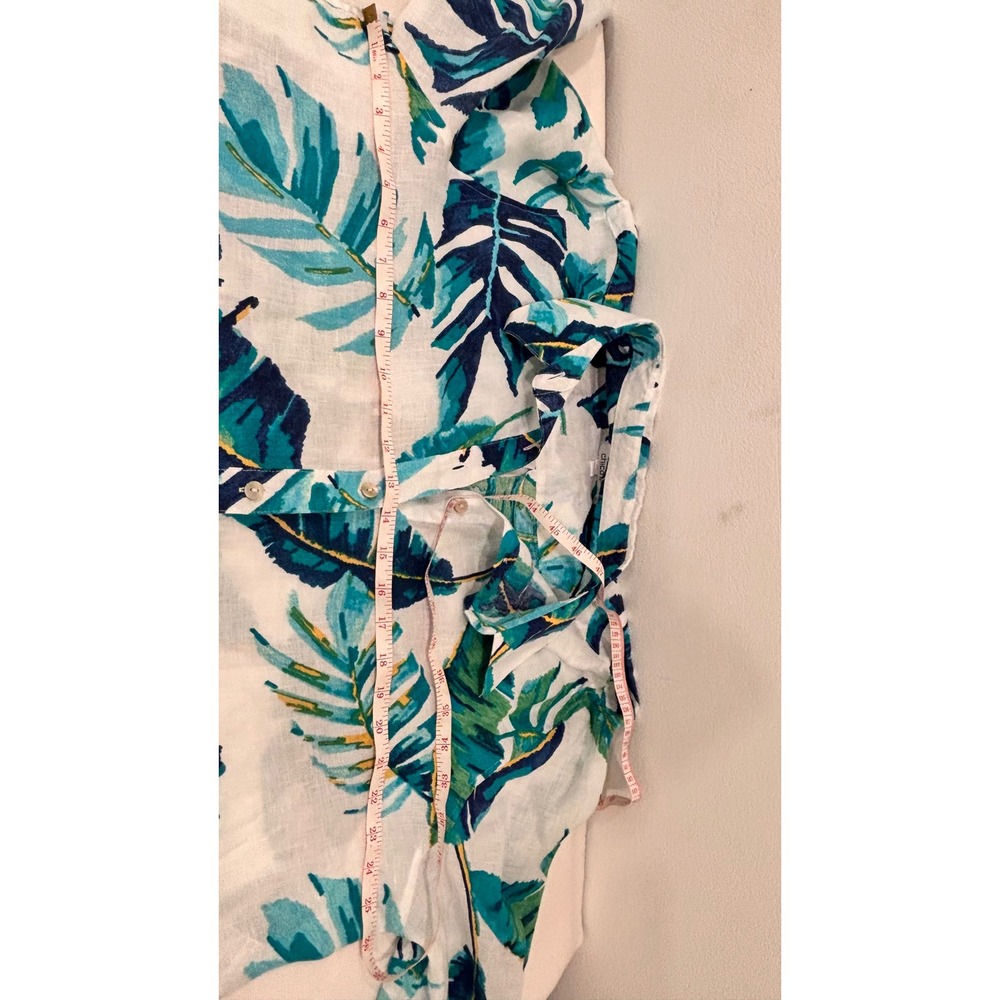 Chico's 100% Linen Tropical Leaf Print Button Down Shirt White Teal Blue Size 2 - Picture 6 of 8